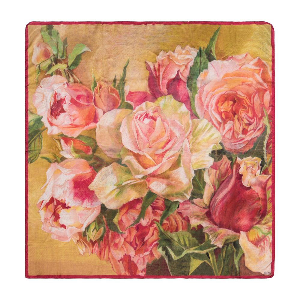 Платок "Розы"  (шелк 100% розовый зеленый 90х90)