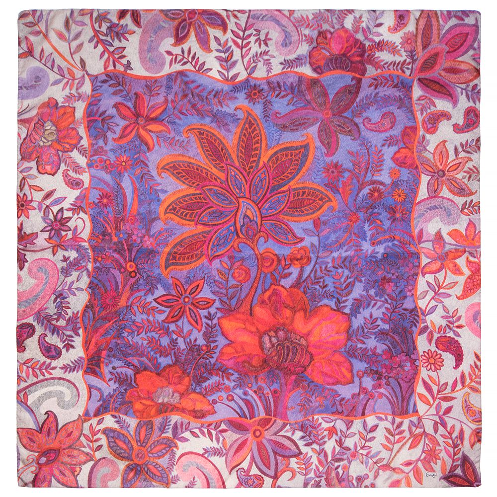 Платок "Орнамент. цветы" (шелк 100% розовый голубой сиреневый 120х120)