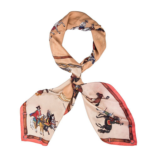 Платок "Всадники" (шелк 100% бежевый коричневый 90х90) 