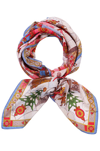 Платок "Зимние гуляния" (шелк 100% белый красный 90х90) 