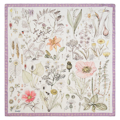 Платок "Гербарий" (шелк 100% лиловый белый 90х90) 