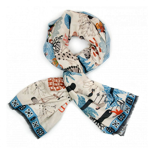 Шаль "Зимняя деревня" (кашемир 46% шерсть 33% шелк 21%, белый голубой, 135х175) 