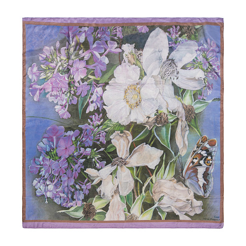 Платок "Голубой букет" (шелк 100% голубой синий 120х120) 