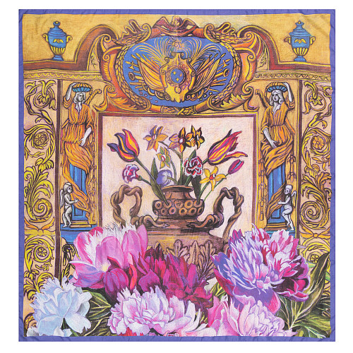 Платок "Пионы" (шелк 100% коричневый, розовый 120х120) 