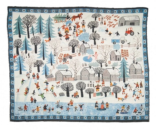 Шаль "Зимняя деревня" (модал 90% кашемир 10% белый голубой 135х175) 