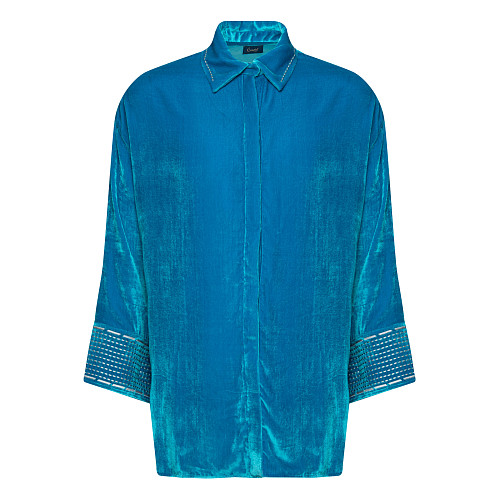 Рубашка "Византийский бестиарий" (бирюзовый 44 гладкий бархат поливискоза, вискоза) 
