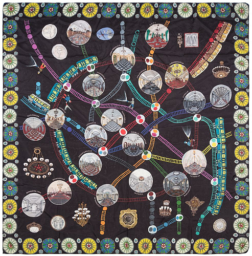 Платок "Метро" (шелк 100% черный красный синий 120х120) 