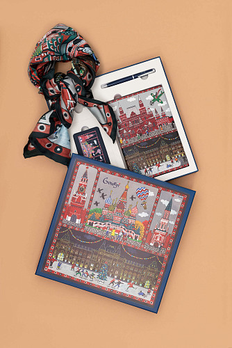 Платок "Красная площадь" (шелк 100% черный красный 90х90) 