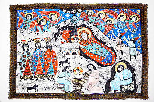 Шаль "Рождество" (кашемир 100% белый синий красный 135х175) 