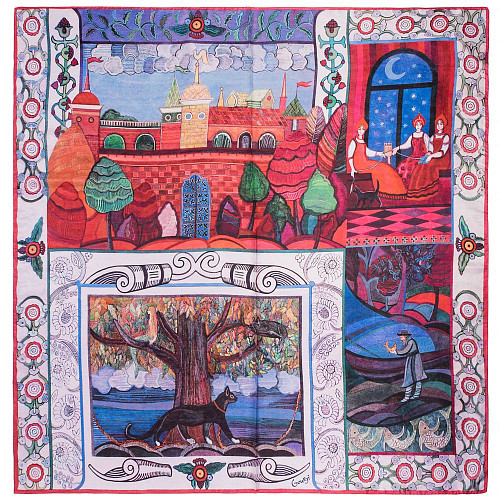 Платок "Сказки пушкина" (шелк 100% красный фиолетовый синий 120х120) 