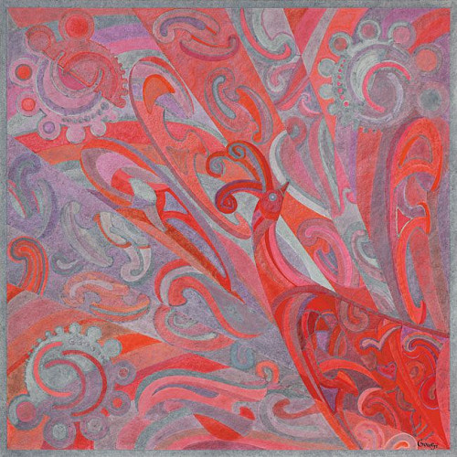 Платок "Жар-птица" (шелк 100% голубой красный 90х90) 