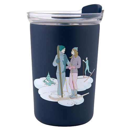 Термокружка вакуумная "На лыжах" (сталь, синяя) 