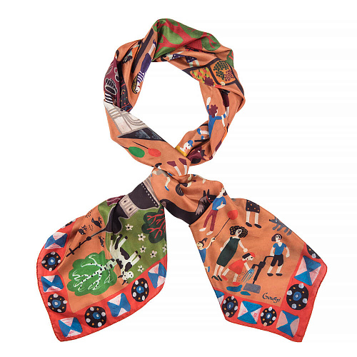 Платок "Летняя ярмарка" (шелк 100% оранжевый зеленый 120х120) 