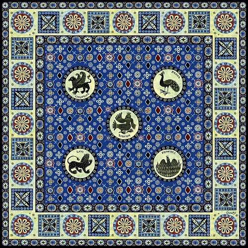 Платок "Византийский бестиарий" (шелк 100% синий 120х120) 