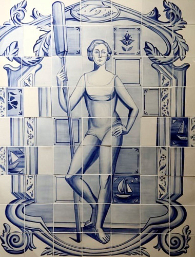 Панно "Девушка с веслом" (керамика, Подглазурная роспись, Высокий обжиг 132х104см.) 