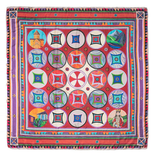 Платок "Грузия" (шелк 100% красный синий зеленый 120х120) 