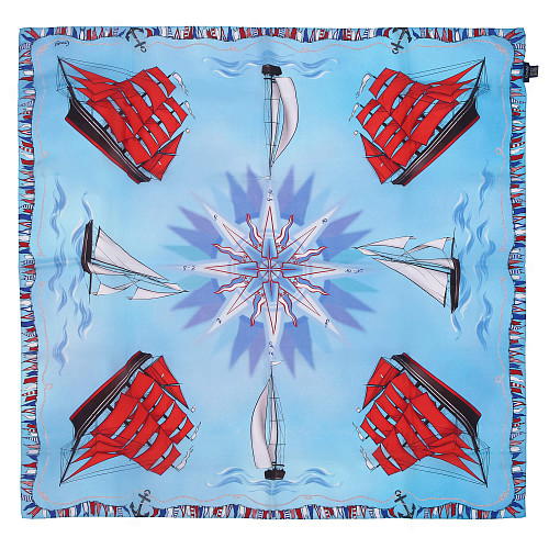 Платок "Алые паруса" (шелк 100% голубой красный 120х120) 