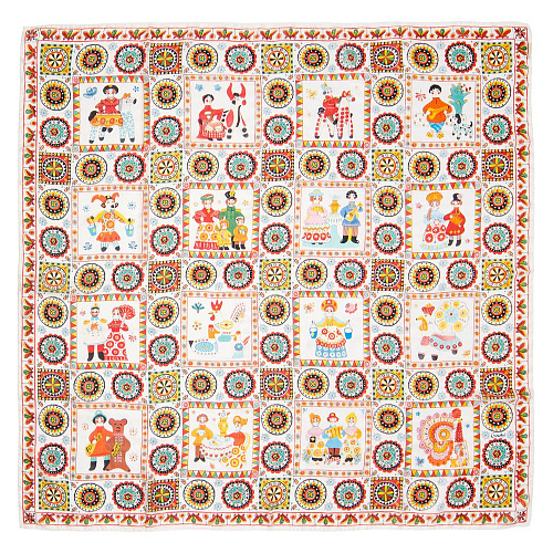 Платок "Дымковские игрушки" (шелк 100% белый 120х120) 