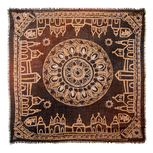 Платок "Русский кремль" (модал 90% кашемир 10% коричневый золотой 140х140) 