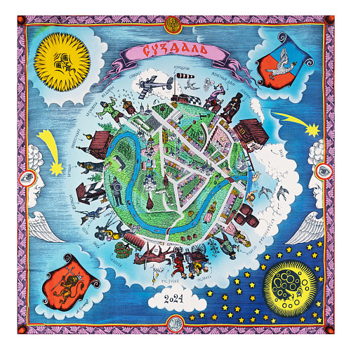 Платок "Суздаль" (шелк 100% голубой зелёный белый 120x120) 
