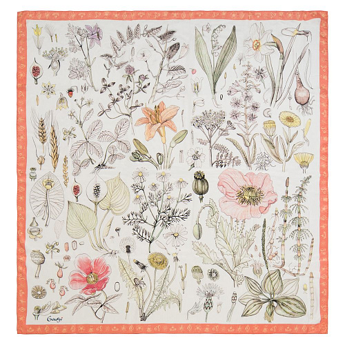 Платок "Гербарий" (кашемир 100%, розовый белый, 140x140 см) 