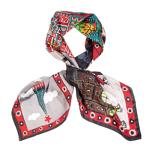 Платок "Красная площадь" (шелк 100% черный красный 90х90) 