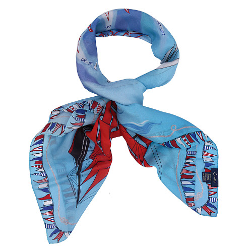 Платок "Алые паруса" (шелк 100% голубой красный 120х120) 