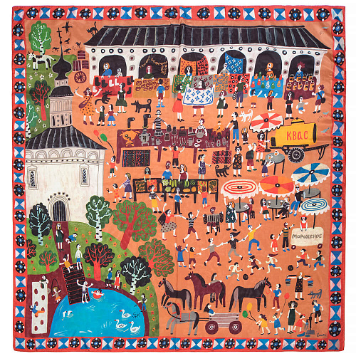 Платок "Летняя ярмарка" (шелк 100% оранжевый зеленый 120х120) 