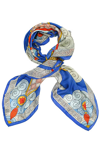 Платок "Небесный хоровод" (шелк 100% синий белый 120х120) 