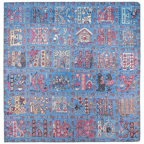 Платок "Алфавит" (шелк 100% голубой 120х120) 