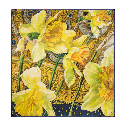 Платок "Сады востока" (шелк 100% синий желтый 120х120) 