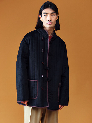 Полупальто "Телогрейка" черная стеганая (TEL02STEG-B) (коричневый кант шерсть 90% шелк 10% XL) 