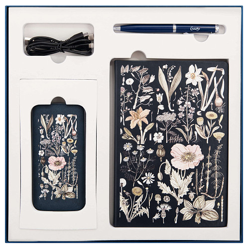 Подарочный набор "Гербарий" (аккумулятор, ежедневник и ручка синий) 
