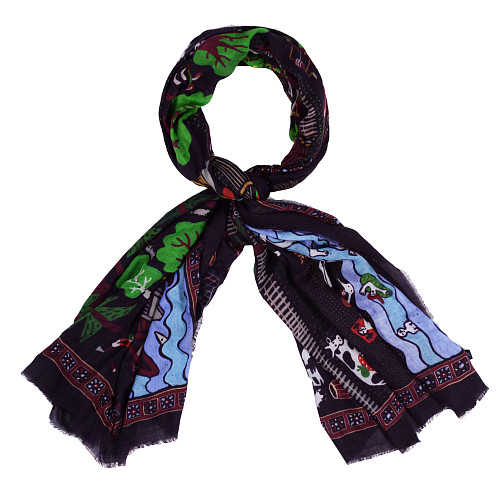 Шаль "Деревня" (модал 90% кашемир 10% черный зеленый 110х185) 