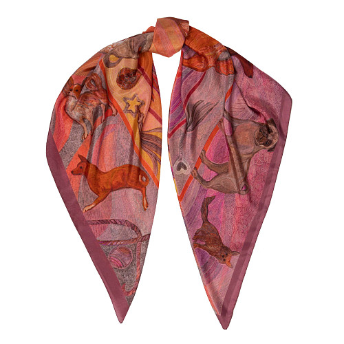 Платок "Собаки" (шелк 100% розовый, бежевый 120х120) 