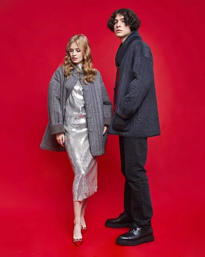 Полупальто "Телогрейка" серая стеганая (светло-серая, серый кант шерсть 90% шелк 10% L) 