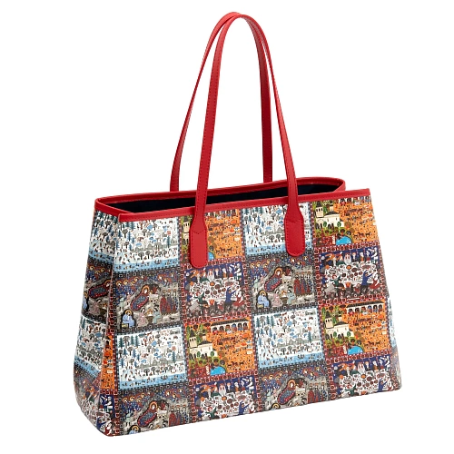 Сумка-шопер "Русская жизнь" (телячья кожа красный, оранжевый, голубой 56х29х14) 