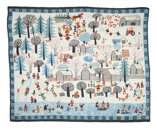 Шаль "Зимняя деревня" (шерсть 100%, белый голубой, 135х175) 