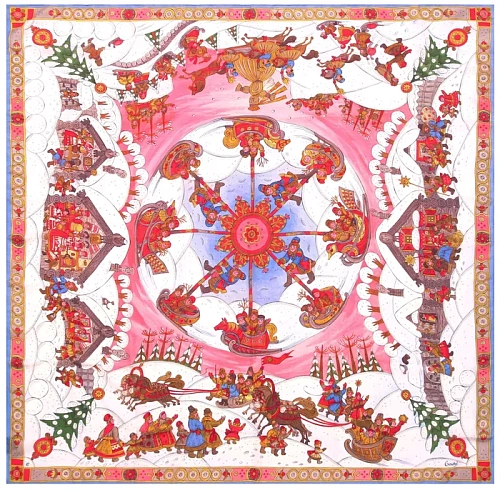 Платок "Зимние гуляния" (шелк 100% белый красный 90х90) 