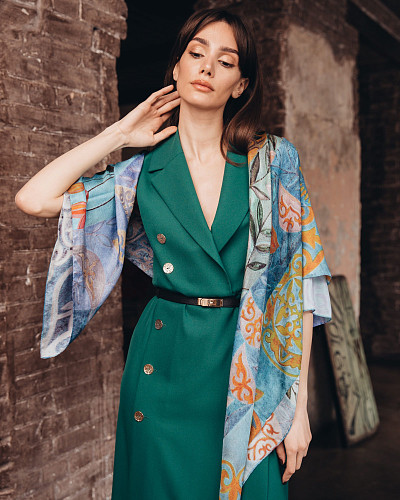 Платок "Праздник весны" (шелк 100% голубой оранжевый зеленый 90х90) 