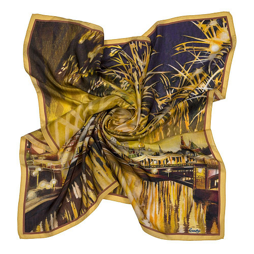 Платок "Салют" (шелк 100% желтый синий 90х90) 