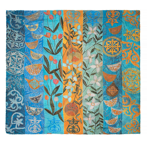 Платок "Праздник весны" (шелк 100% голубой оранжевый зеленый 90х90) 