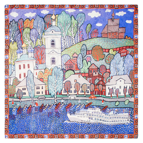 Платок "Плес" (шелк 100% синий красный зеленый 120х120) 