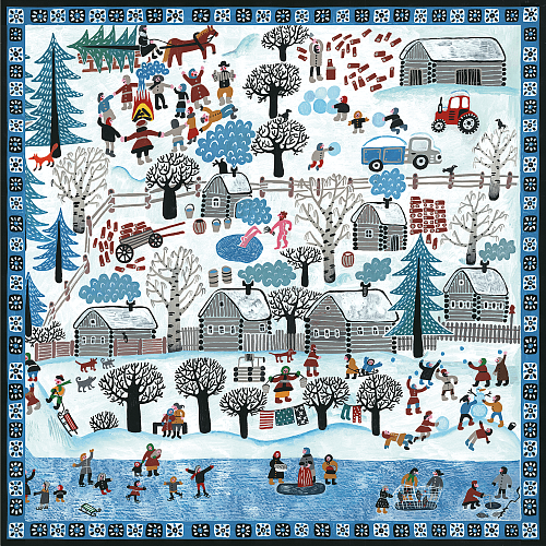 Платок "Зимняя деревня" (шелк 100%, бежевый голубой 120х120 ) 