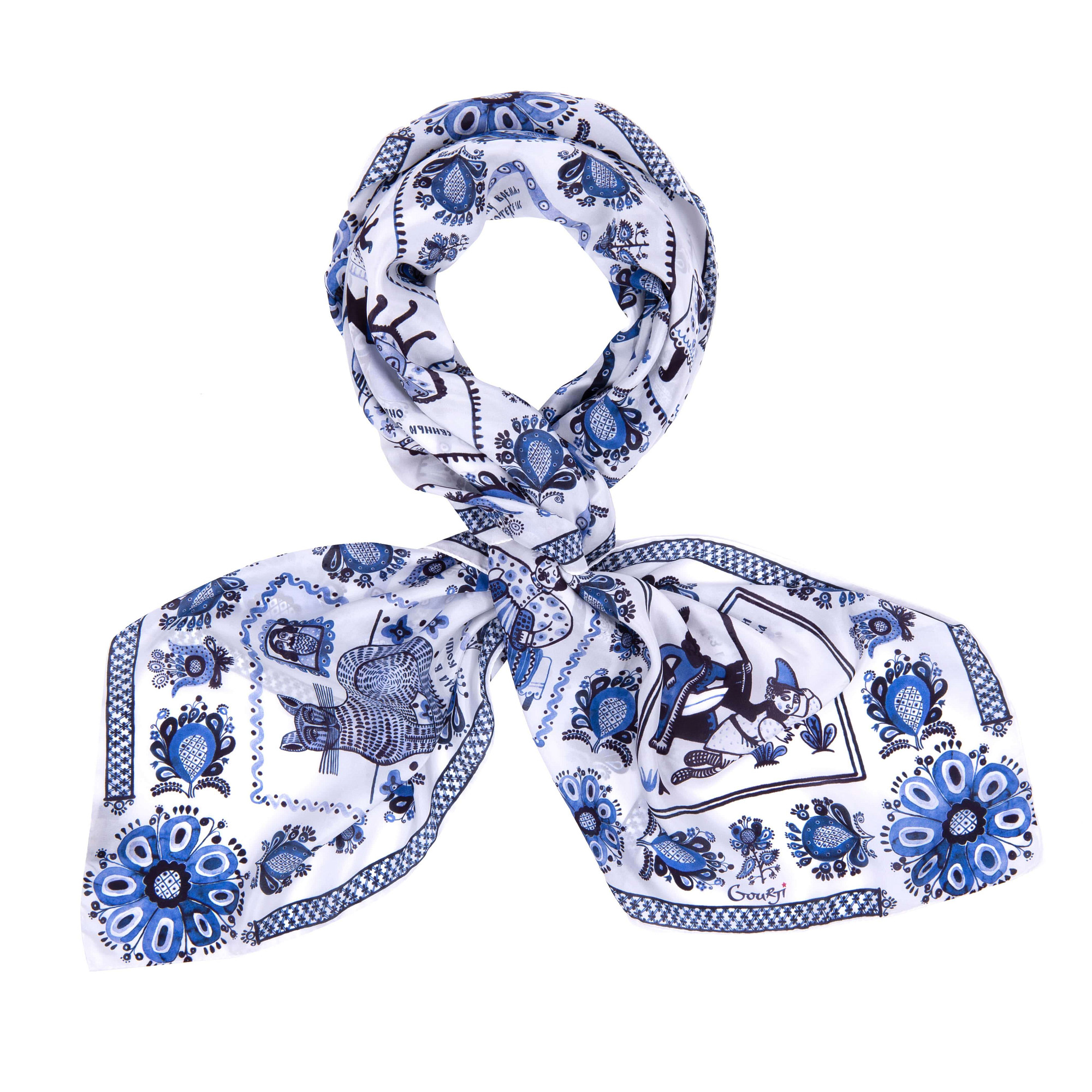 Платок "Гжель" (шелк 100% белый синий 120х120)