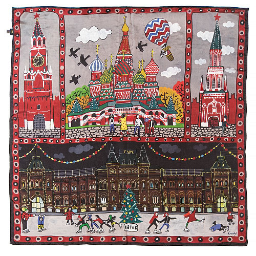 Платок "Красная площадь" (шелк 100% черный красный 90х90) 