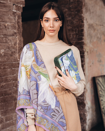 Платок "Ирисы" (модал 90%, кашемир 10% голубой розовый 140х140) 