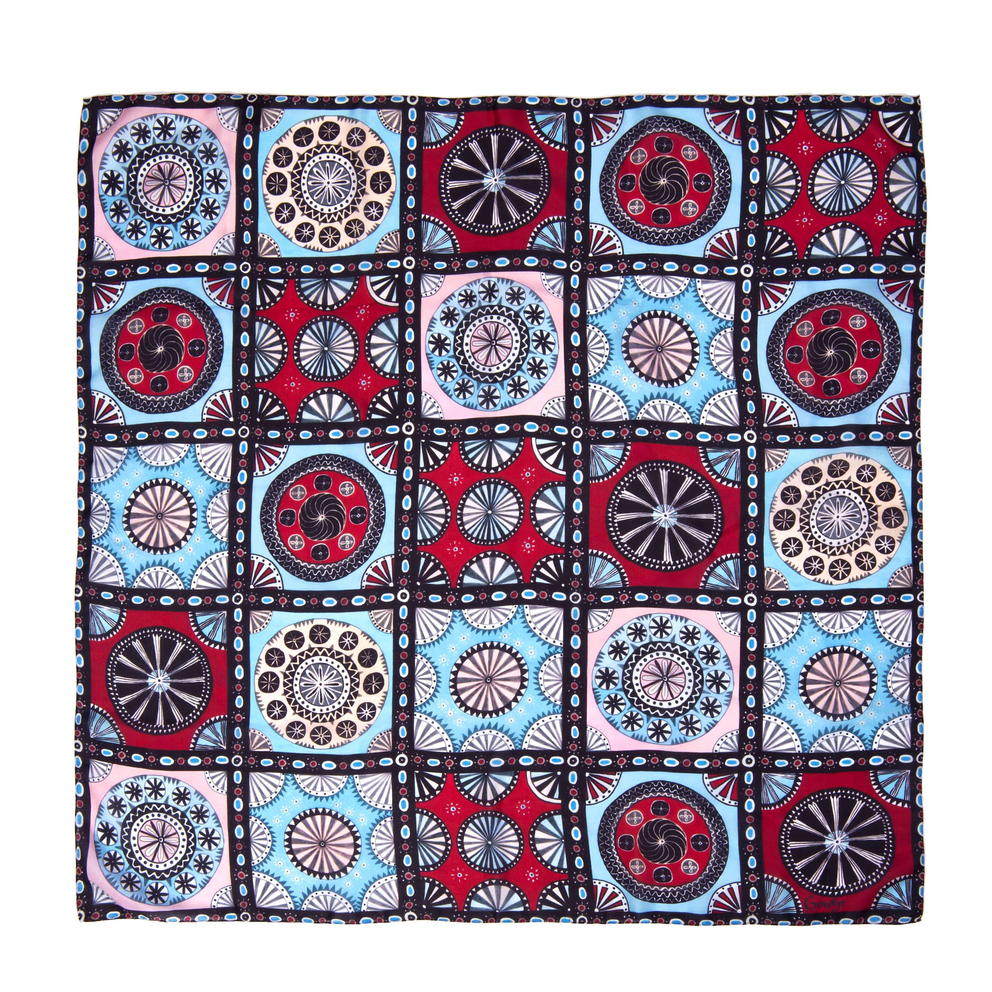 Платок "Византийский орнамент" (шелк 100% красный голубой 90х90)
