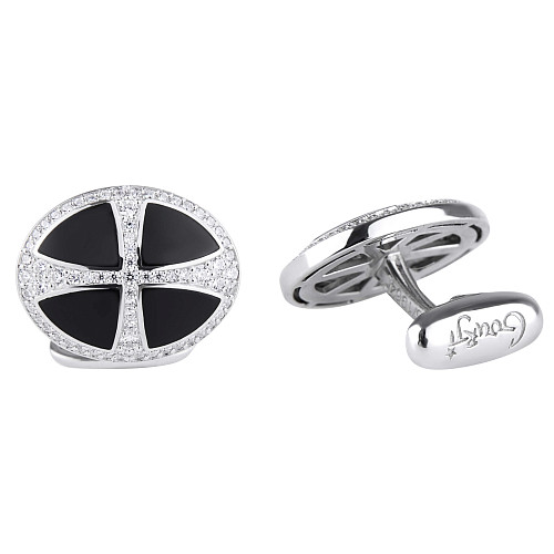 Запонки "Петр и Екатерина" родий, оникс, фианит 