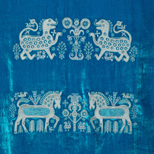 Рубашка "Византийский бестиарий" (бирюзовый 44 гладкий бархат поливискоза, вискоза) 